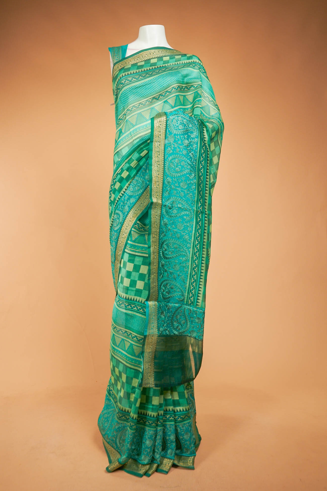 Dark sea green embroidered silk saree with blouse - Fashionlife - 2574008